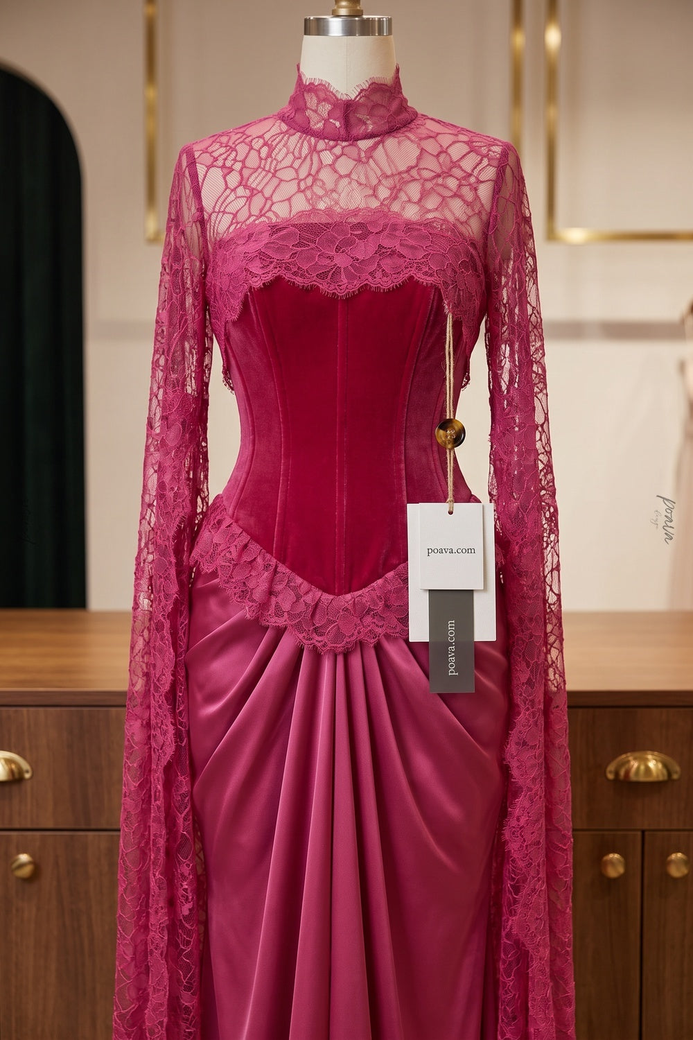 Magenta Velvet Corset-Bodice Draped Gown magenta velvet evening gown - product view 2