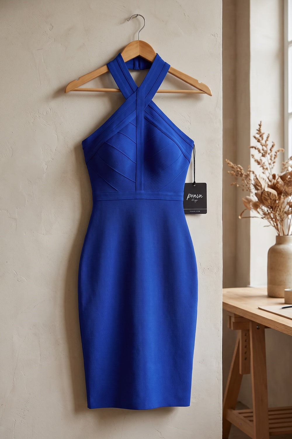 Royal Blue Heavy Stretch Knit Bodycon Dress with Criss-Cross Halter royal blue heavy stretch knit dress - product view 2