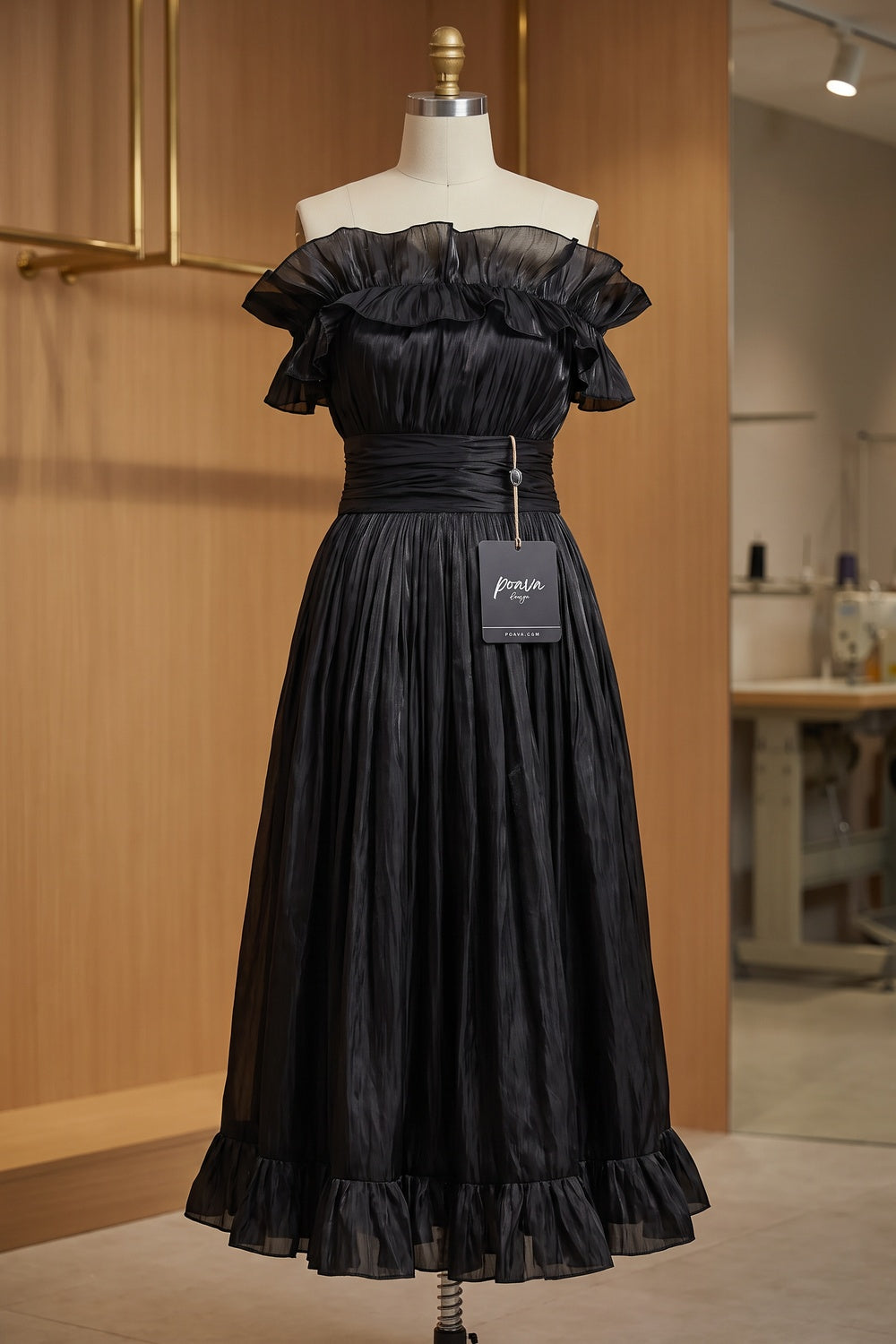 Black Pleated Organza Fit-and-Flare Midi Dress black pleated organza or taffeta dress - product view 2