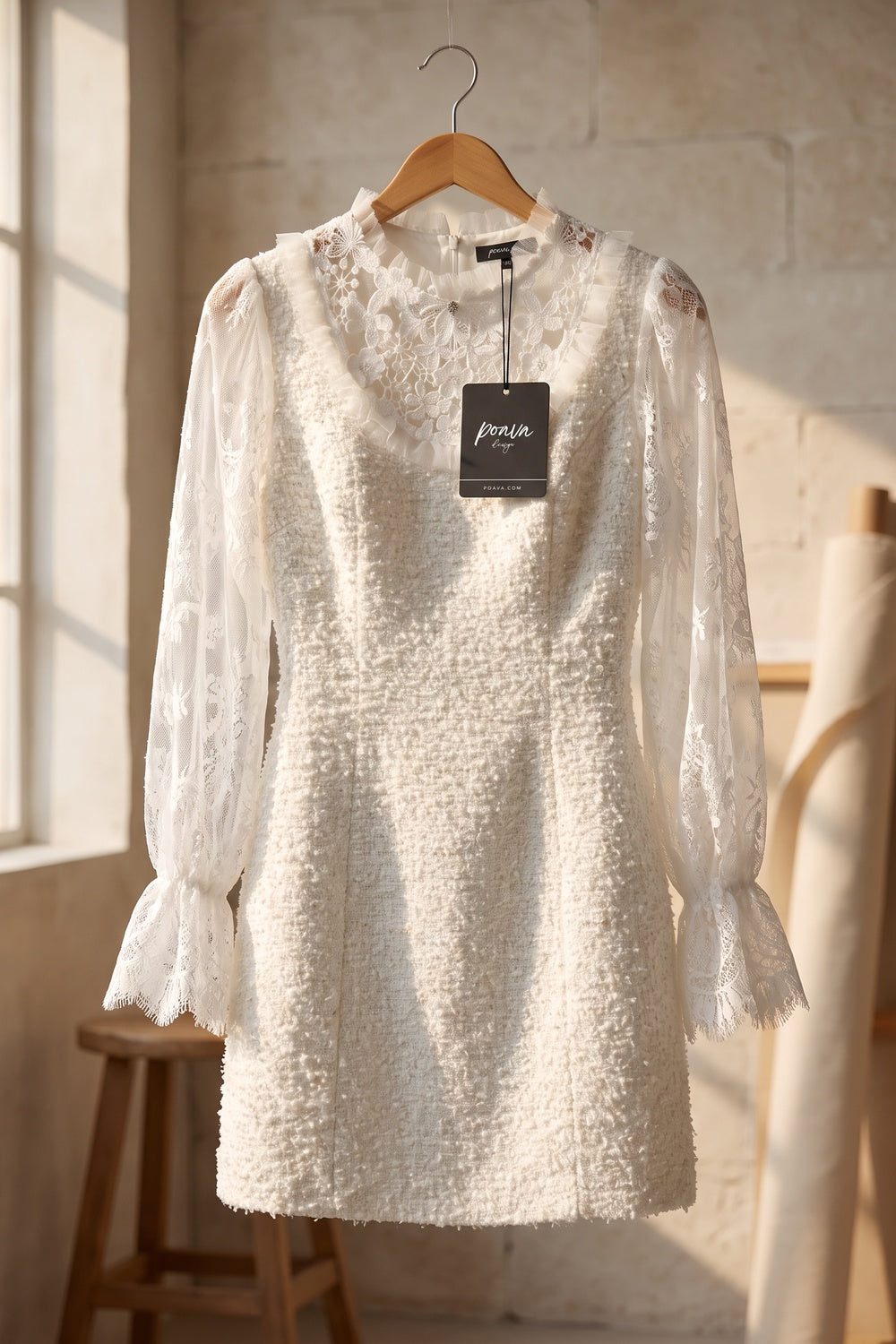White Textured Bouclé Tweed Sheath Dress with Floral Lace Sleeves white textured bouclé tweed dress - product view 2