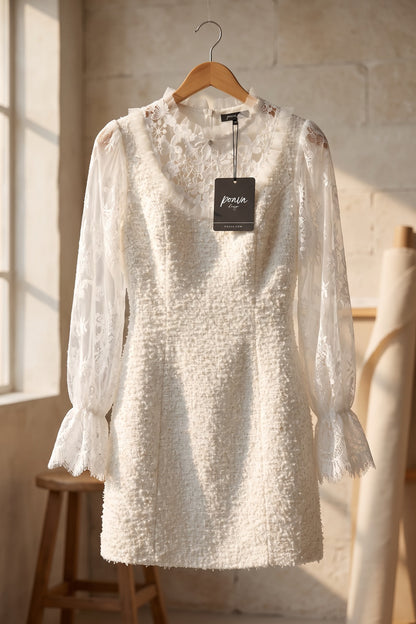 White Textured Bouclé Tweed Sheath Dress with Floral Lace Sleeves white textured bouclé tweed dress - product view 2