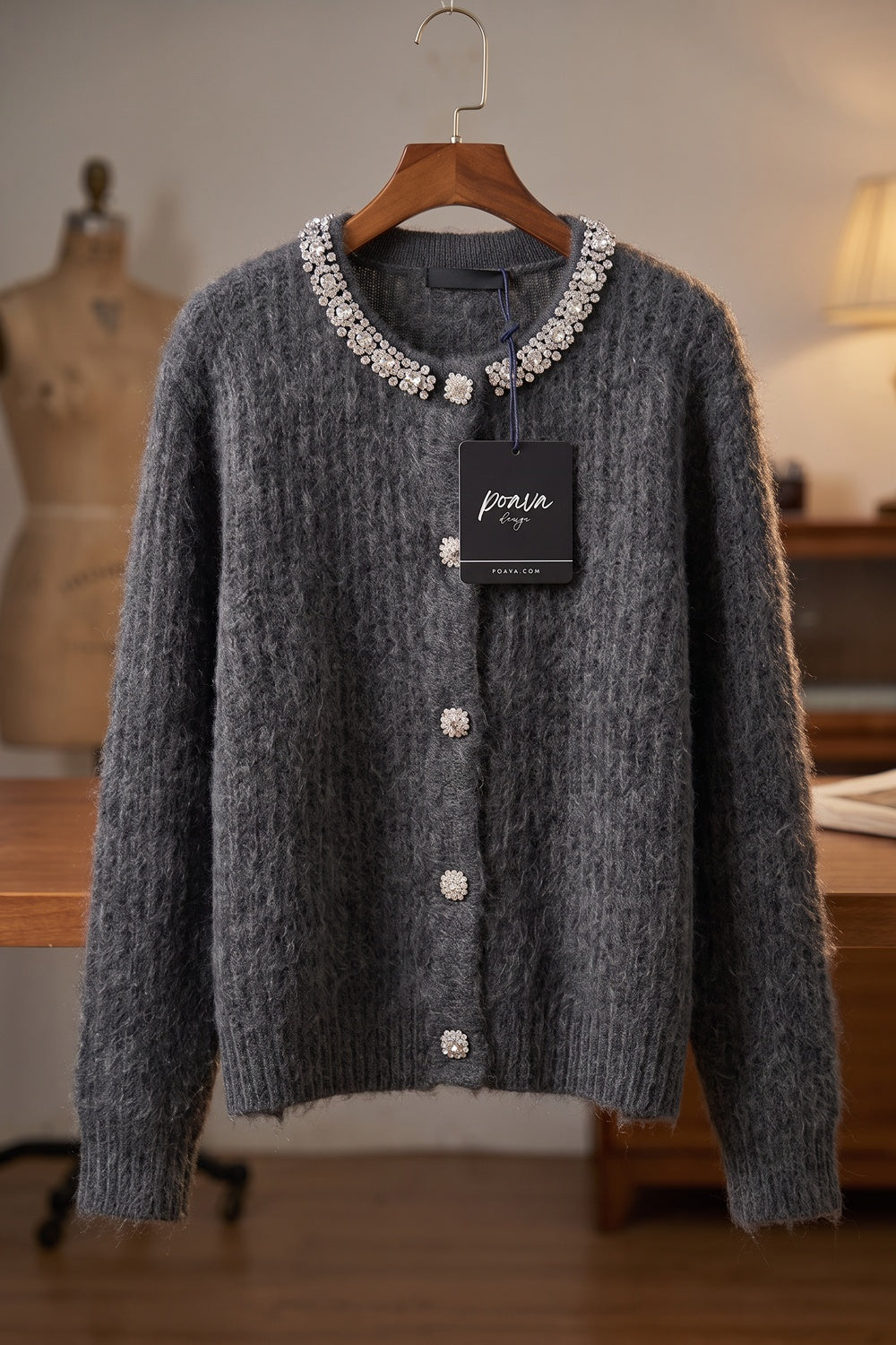 Charcoal Grey Fuzzy Mohair-Style Knit Relaxed Boxy Cardigan charcoal grey fuzzy mohair-style knit cardigan - product view 2