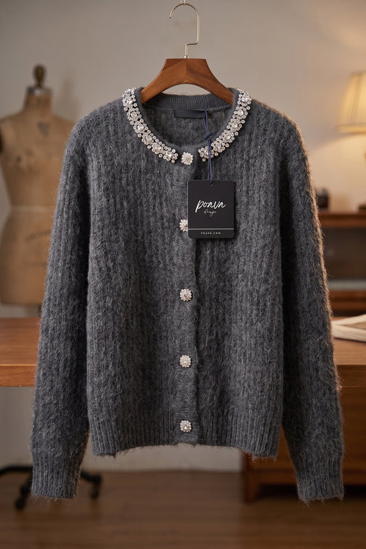 Charcoal Grey Fuzzy Mohair-Style Knit Relaxed Boxy Cardigan charcoal grey fuzzy mohair-style knit cardigan - product view 2