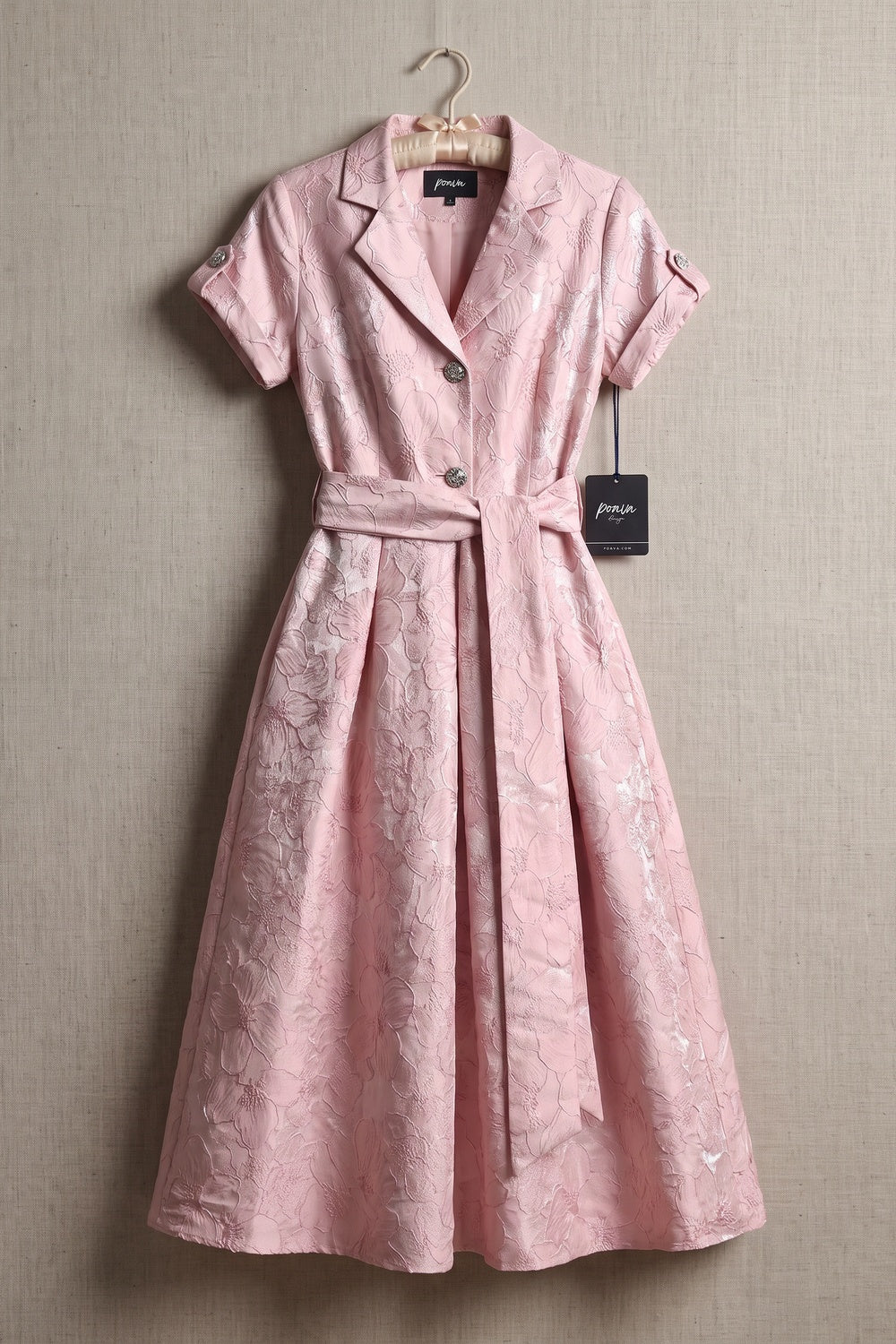 Pale Pink Floral Jacquard Fit-and-Flare Midi Dress with Metallic Sheen Pale pink Floral jacquard / brocade Midi dress - product view 2