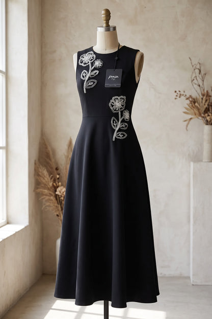 Black Structured Mid-Weight Woven A-Line Fit-and-Flare Midi Dress black structured mid-weight woven dress - product view 2