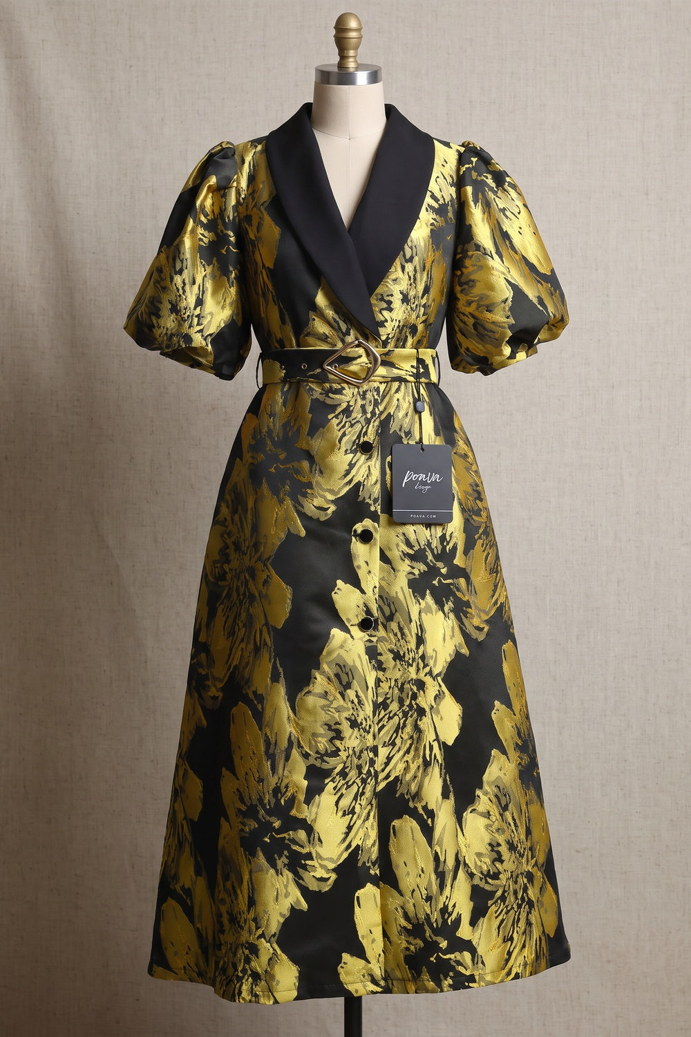 Gold Floral Jacquard A-Line Midi Dress with Contrasted Collar gold, black jacquard dress - product view 2