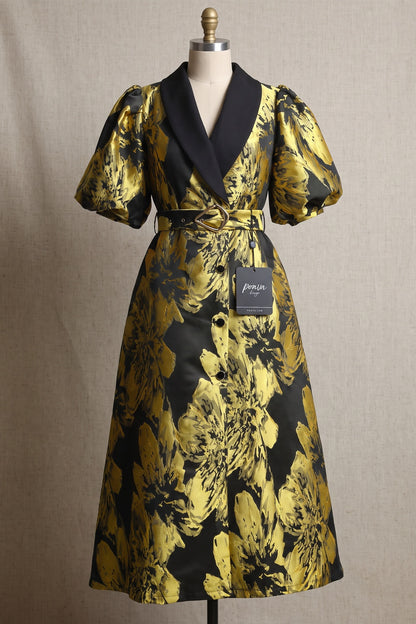 Gold Floral Jacquard A-Line Midi Dress with Contrasted Collar gold, black jacquard dress - product view 2