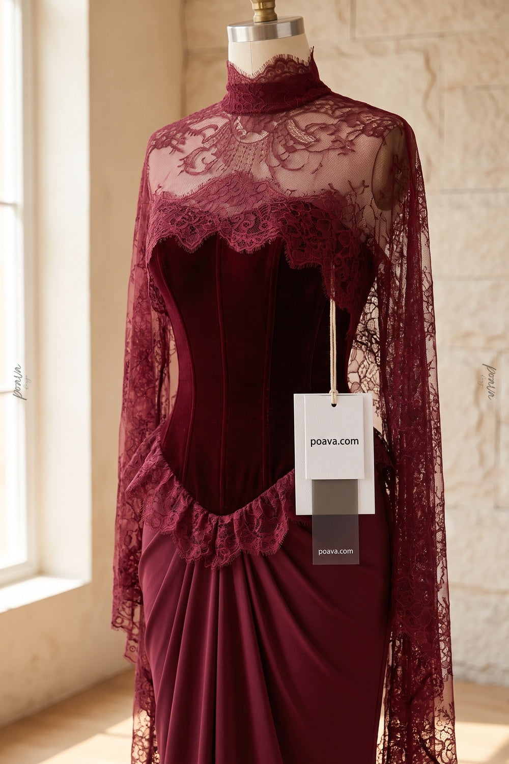 Burgundy Velvet Corset Evening Gown with Lace Cape Overlay burgundy velvet (bodice), fluid crepe/satin (skirt) evening gown - product view 2