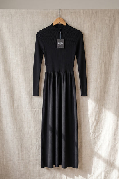 Black Ribbed Knit Mock Neck Maxi Dress black fine ribbed knit dress - product view 2