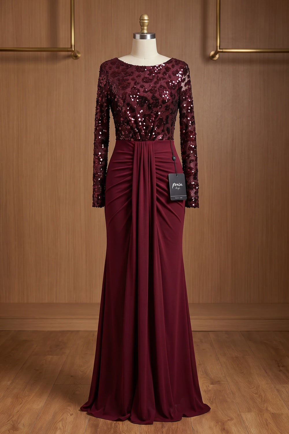 burgundy sequined mesh column evening gown burgundy sequined mesh evening gown - product view 2