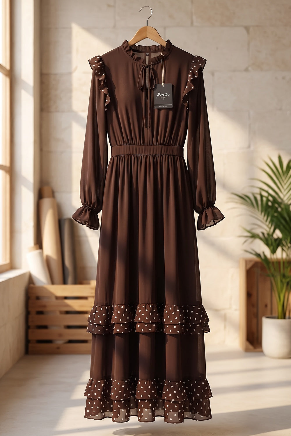Dark Brown Chiffon A-Line Tiered Maxi Dress dark brown chiffon maxi dress - product view 2