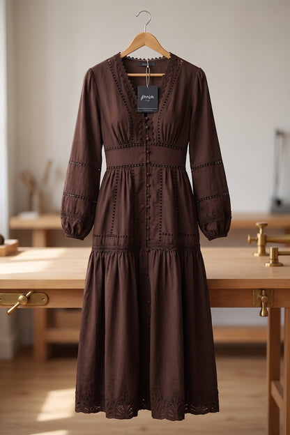 Chocolate Brown Cotton A-Line Tiered Midi Dress with Lace Inserts chocolate brown cotton woven dress - product view 2