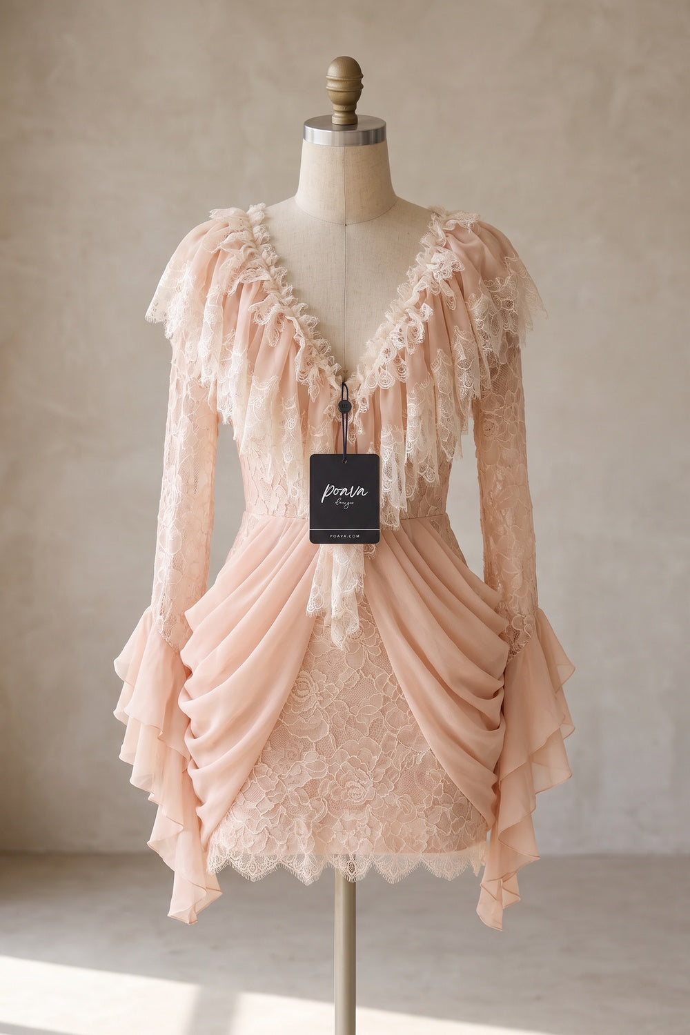Blush Pink Floral Lace Mini Dress with Draped Chiffon Ruffles blush pink floral lace mini dress - product view 8