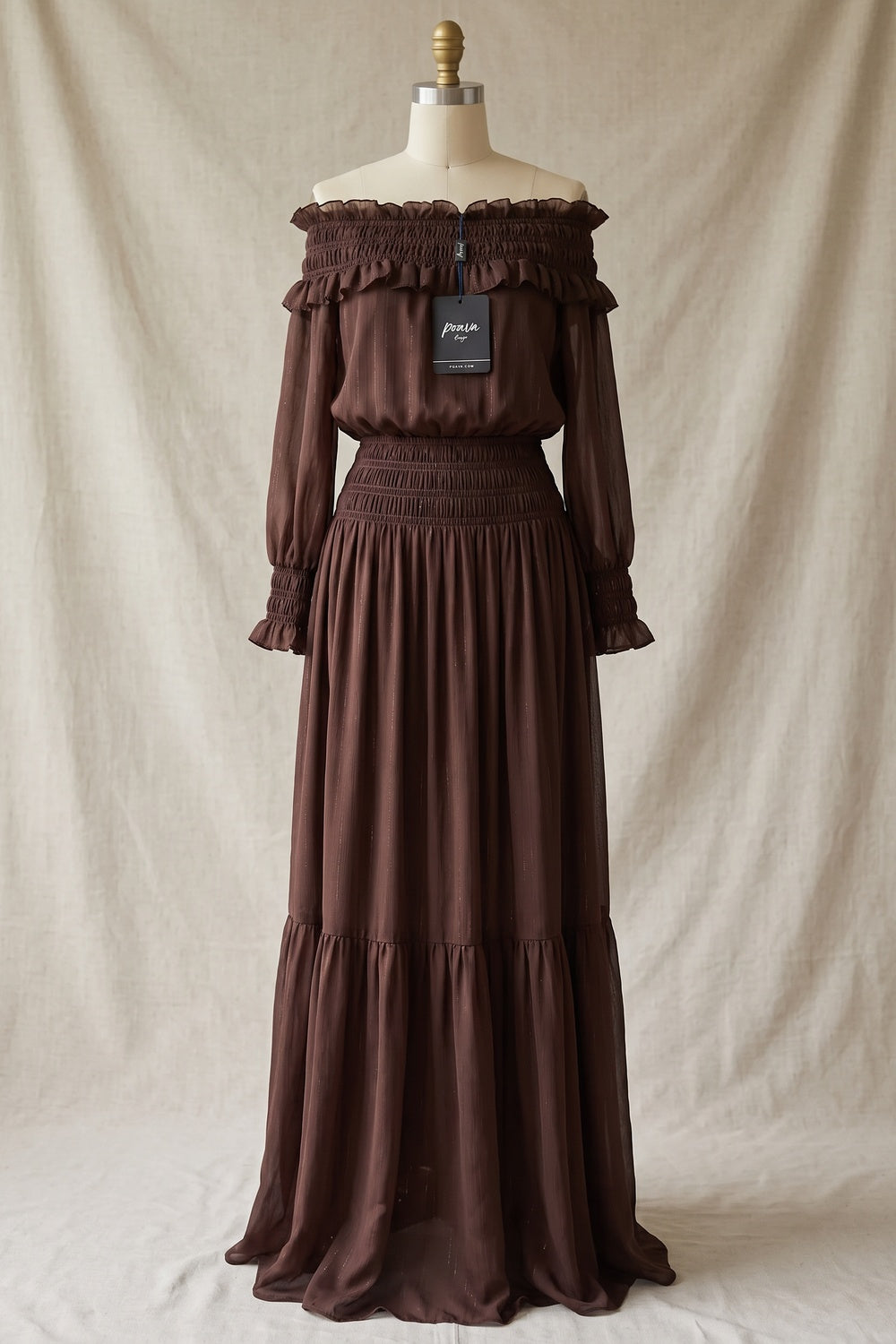 Chocolate Brown Textured Chiffon Blouson Maxi Dress with Tiered Skirt chocolate brown textured chiffon maxi dress - product view 2