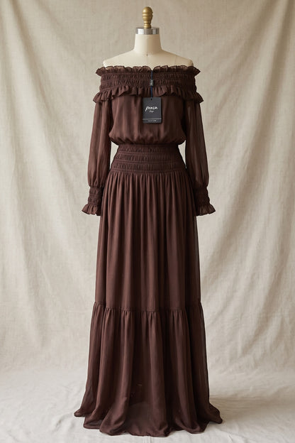 Chocolate Brown Textured Chiffon Blouson Maxi Dress with Tiered Skirt chocolate brown textured chiffon maxi dress - product view 2