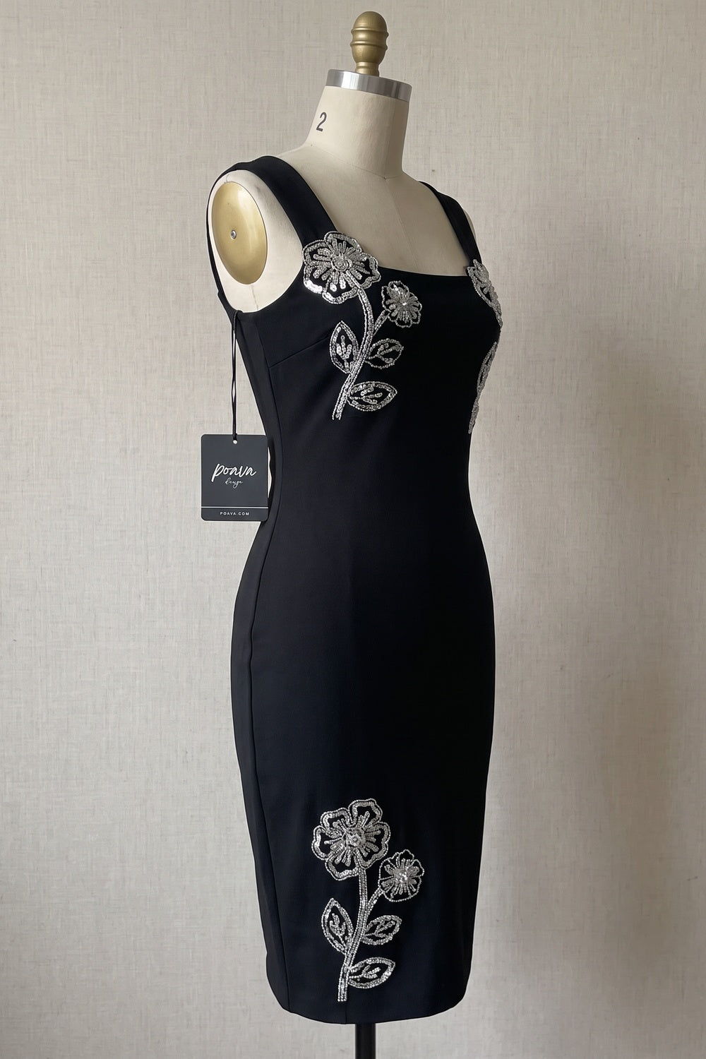 Black Heavy Stretch Knit Sheath Dress with Silver Floral Embellishments black heavy stretch knit dress - product view 2