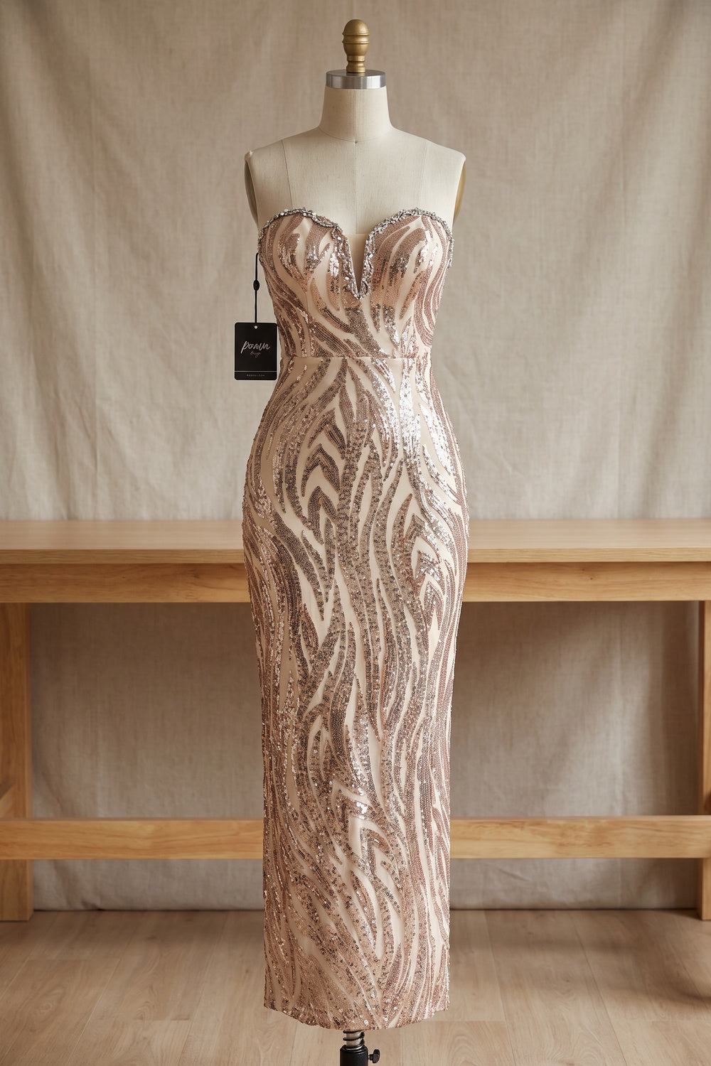 Champagne Gold Sequined Mesh Column Dress champagne gold, rose gold sequined mesh dress - product view 2