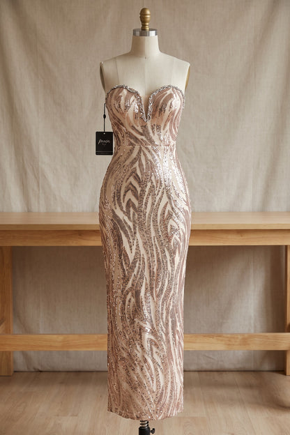 Champagne Gold Sequined Mesh Column Dress champagne gold, rose gold sequined mesh dress - product view 2