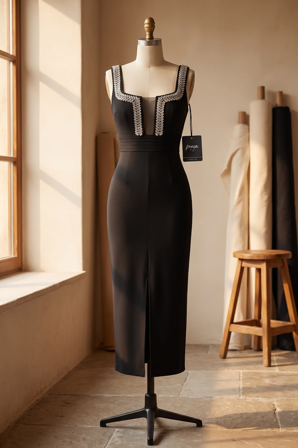 Black Structured Stretch Knit Sheath Midi Dress black structured stretch knit midi dress - product view 2