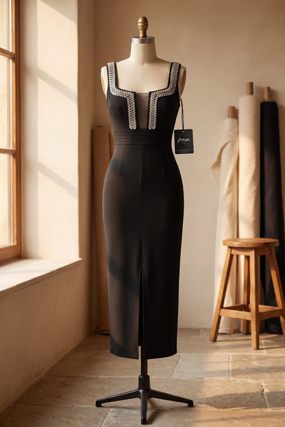 Black Structured Stretch Knit Sheath Midi Dress black structured stretch knit midi dress - product view 2