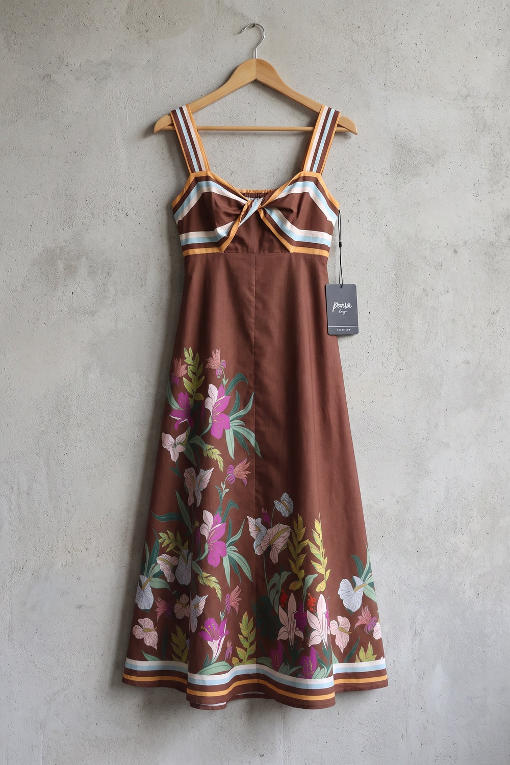 Chocolate Brown A-Line Midi Dress with Twisted Bodice and Floral Print chocolate brown structured woven cotton or linen blend dress - product view 2