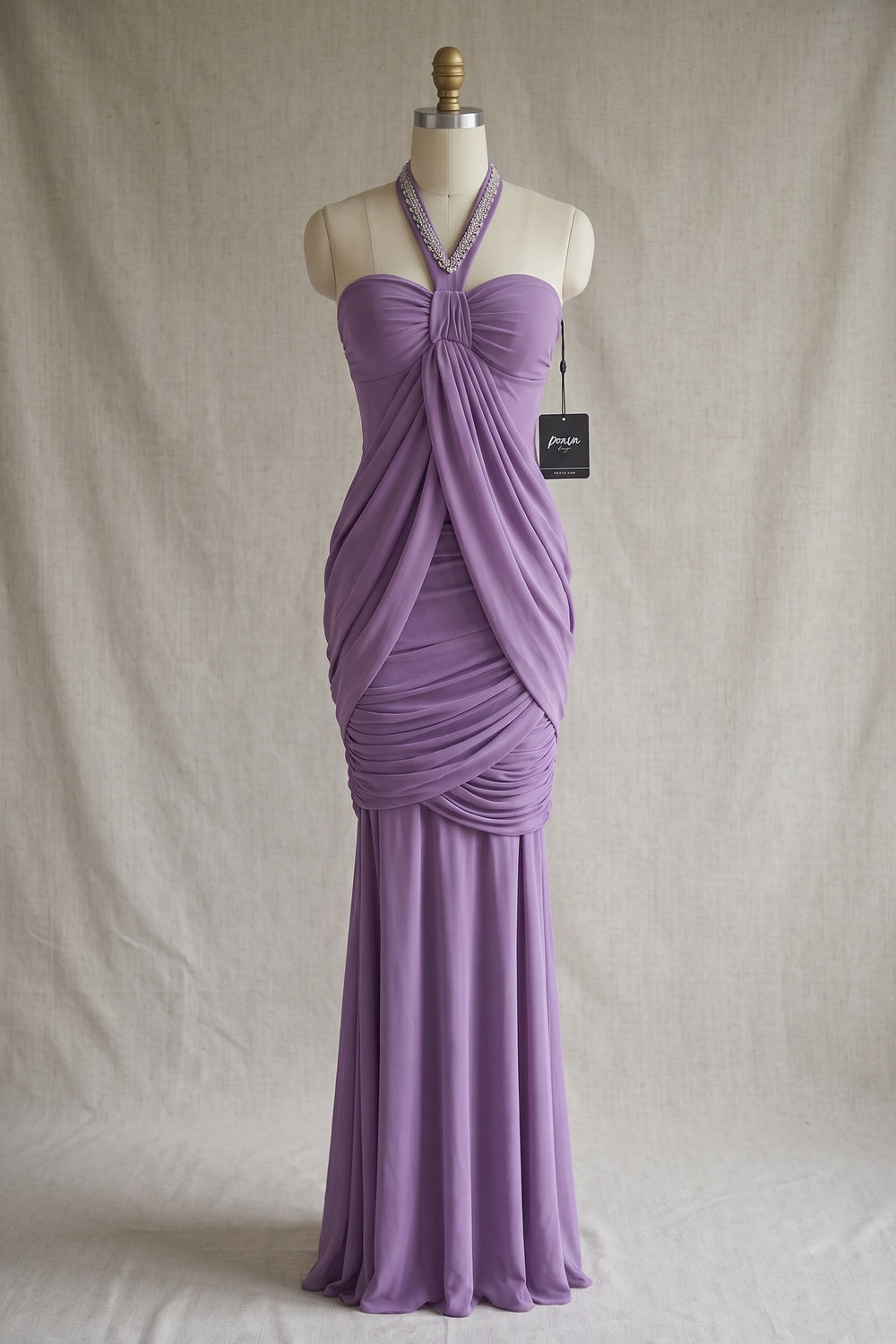 Lavender Mesh Jersey Mermaid-Column Draped Overlay Gown lavender mesh jersey gown - product view 2