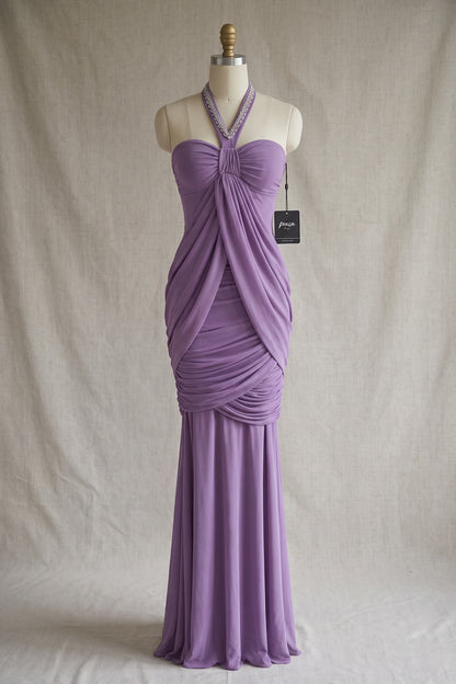 Lavender Mesh Jersey Mermaid-Column Draped Overlay Gown lavender mesh jersey gown - product view 2