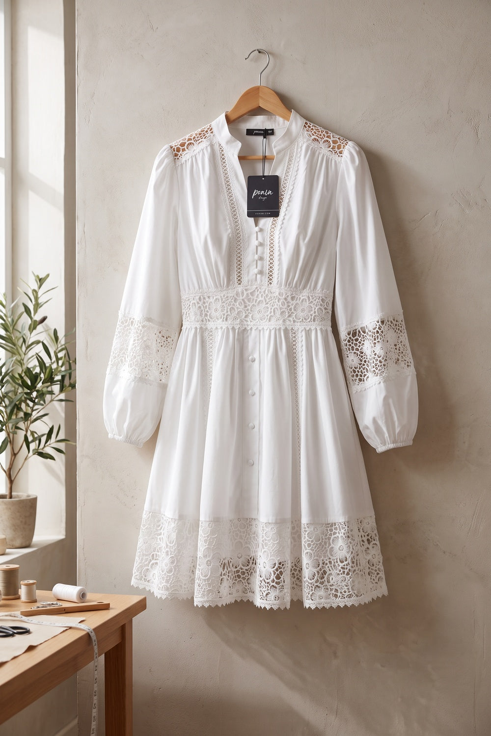 White Cotton Poplin Fit-and-Flare Dress with Lace Inserts white cotton poplin dress - product view 2
