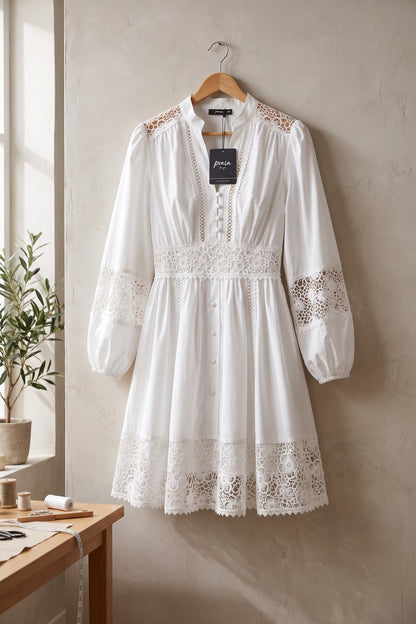 White Cotton Poplin Fit-and-Flare Dress with Lace Inserts white cotton poplin dress - product view 2