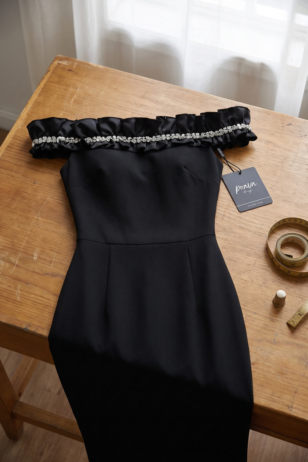 Black Structured Crepe Column Gown with Rhinestone Ruffle black structured crepe gown - product view 2