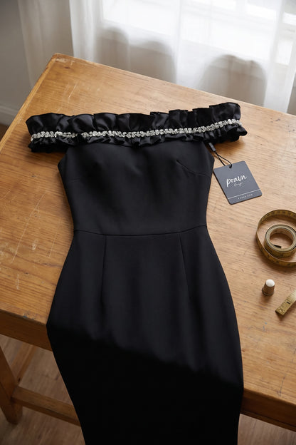Black Structured Crepe Column Gown with Rhinestone Ruffle black structured crepe gown - product view 2