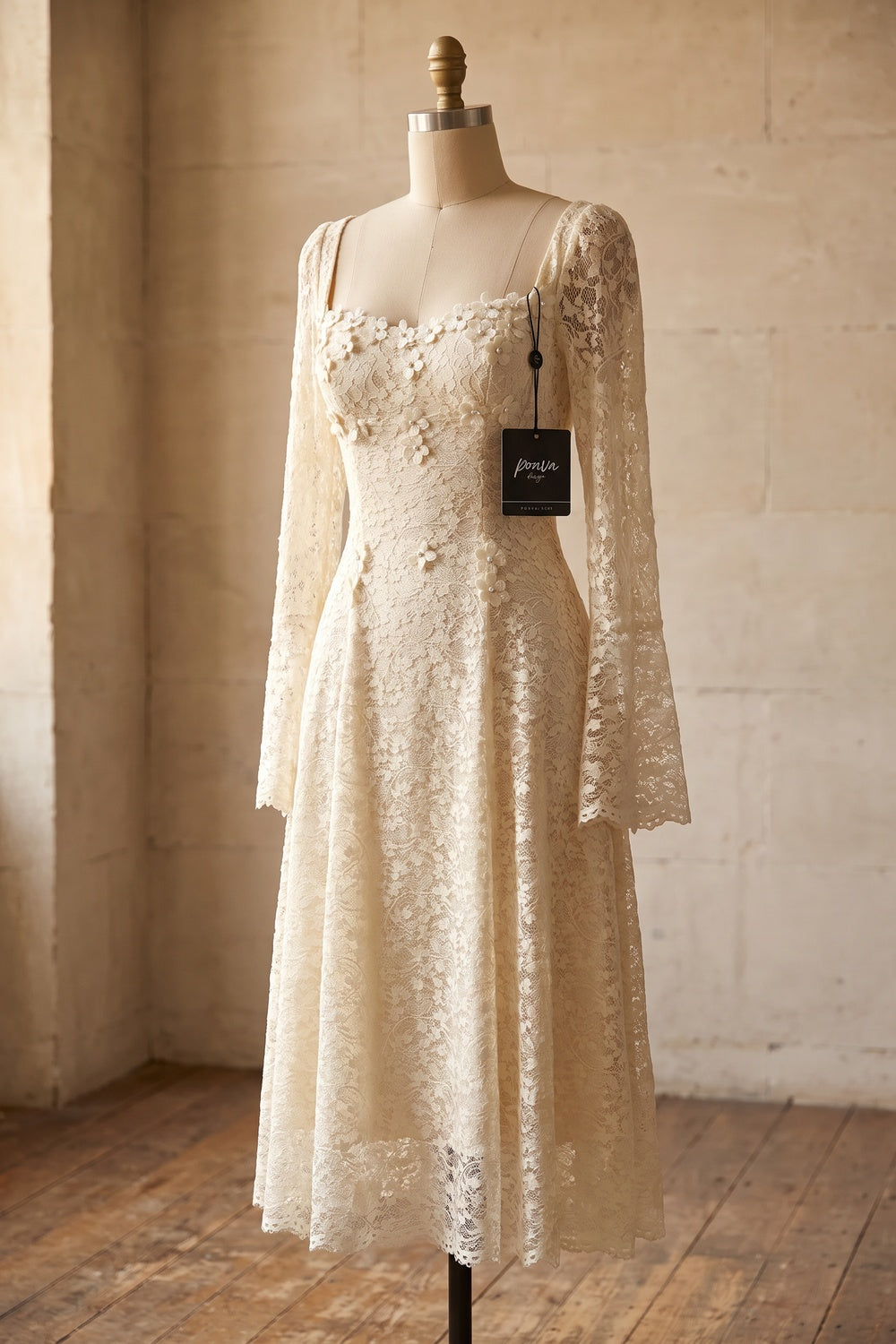 Cream Floral Lace A-Line Midi Dress cream floral lace dress - product view 2