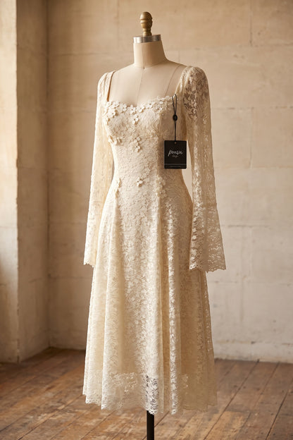 Cream Floral Lace A-Line Midi Dress cream floral lace dress - product view 2