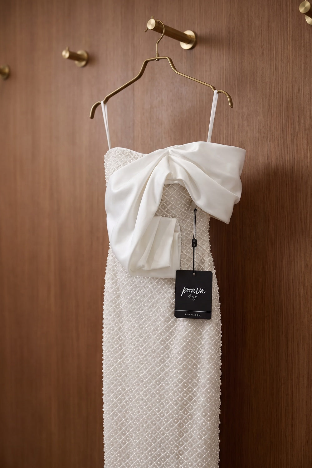 White Beaded Mesh Column Dress with Asymmetrical Satin Bow white beaded mesh dress - product view 2