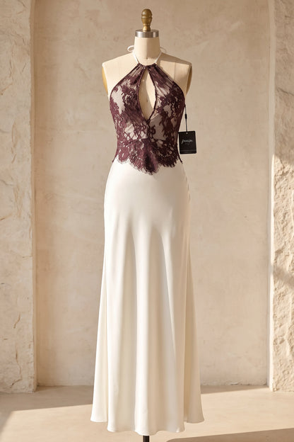 Dark Plum Lace Bodice Satin Column Dress in Ivory ivory satin dress - product view 2