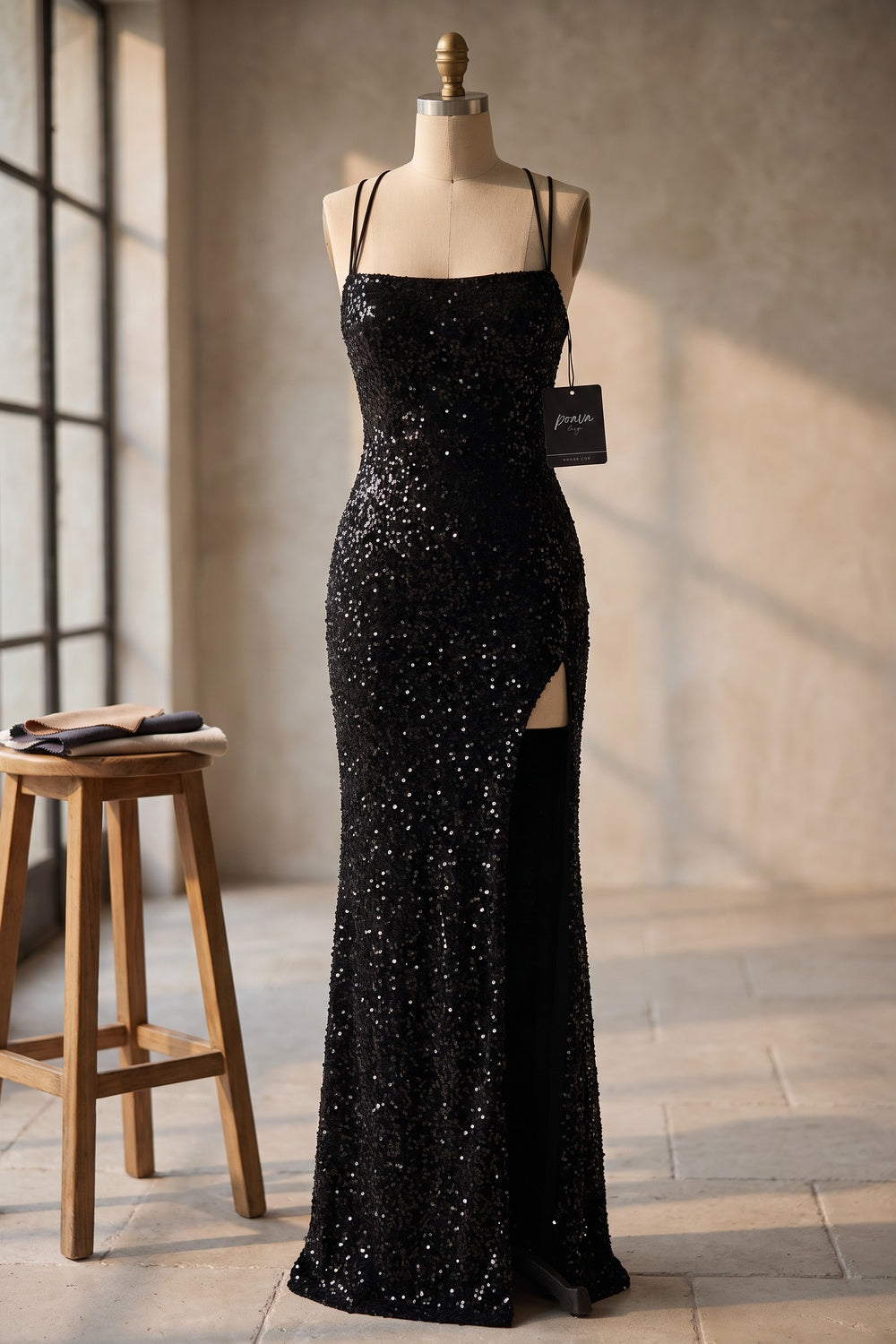 Black Sequined Fitted Column Evening Gown black sequined knit or mesh evening gown - product view 8