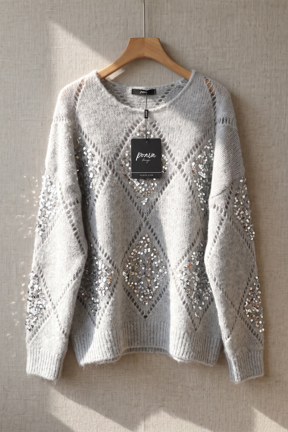 Light Grey Sequin Diamond Oversized Mohair-Blend Sweater light grey fuzzy mohair-blend knit sweater - product view 2