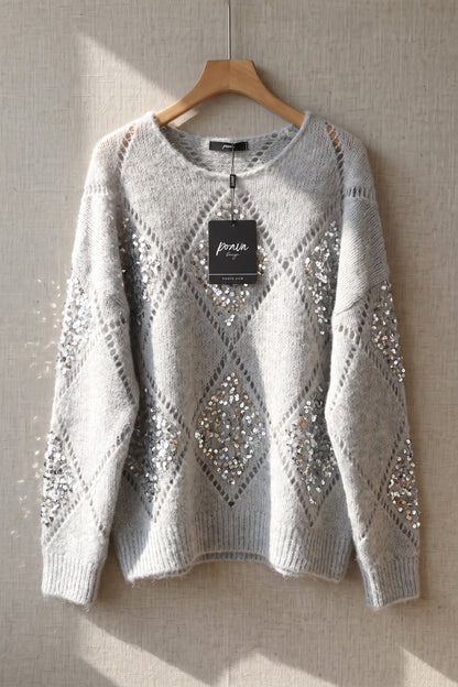 Light Grey Sequin Diamond Oversized Mohair-Blend Sweater light grey fuzzy mohair-blend knit sweater - product view 2