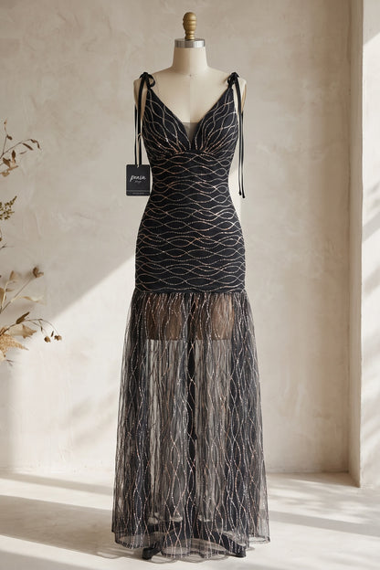 Black Tulle Mermaid Evening Gown with Sheer Flared Lower Skirt black tulle evening gown - product view 2