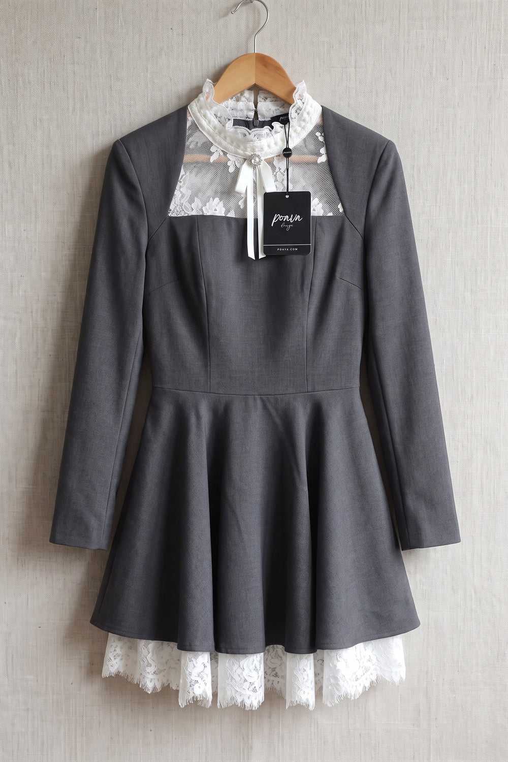 Dark Grey Structured Woven Suiting Fit-and-Flare Mini Dress dark grey structured woven suiting fabric mini dress - product view 2
