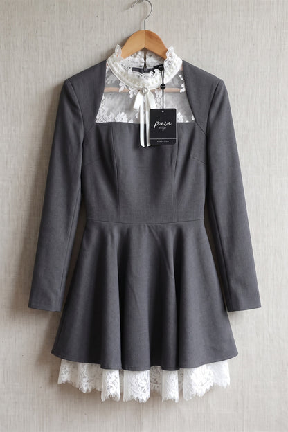 Dark Grey Structured Woven Suiting Fit-and-Flare Mini Dress dark grey structured woven suiting fabric mini dress - product view 2