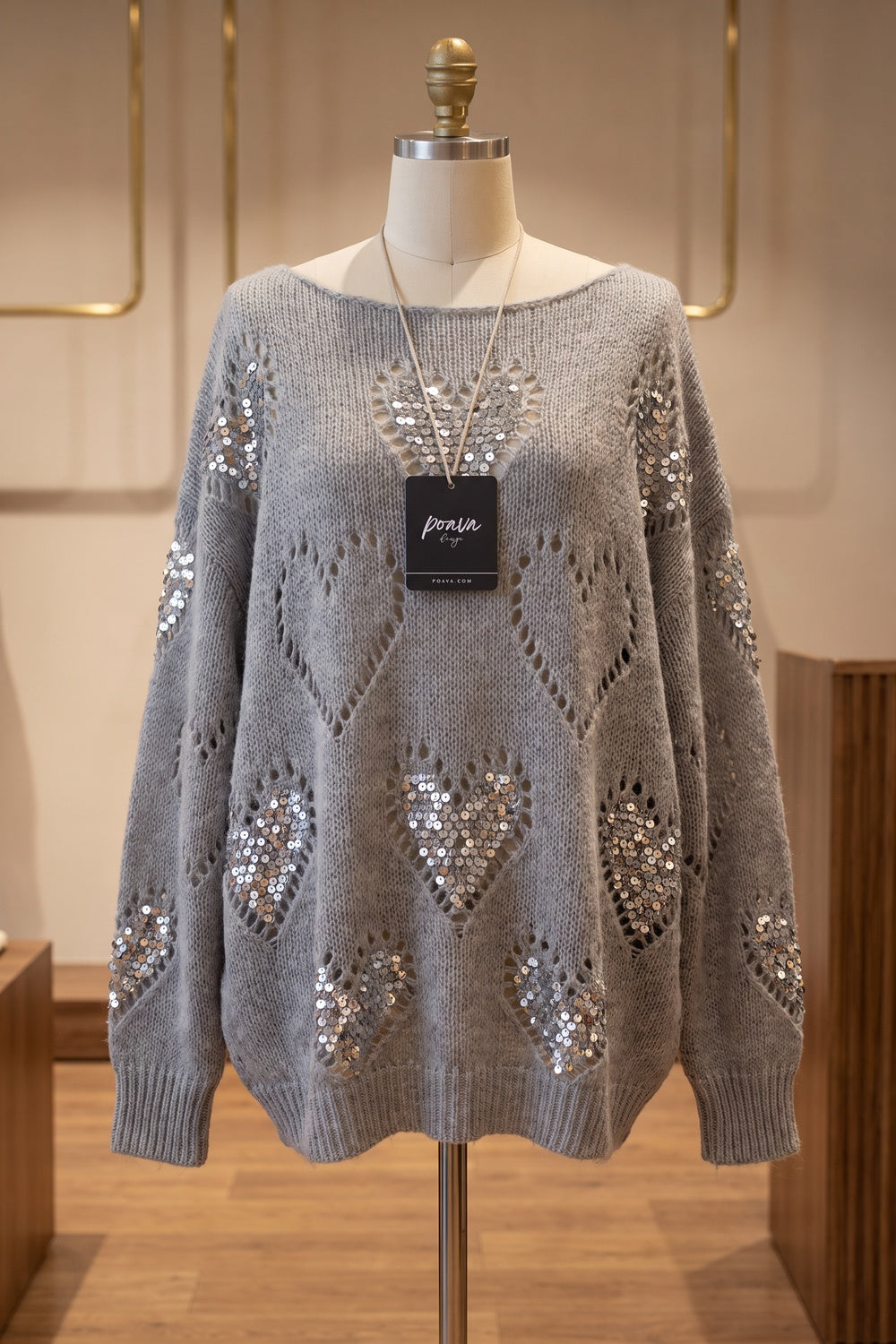 Grey Oversized Slouchy Sweater with Sequin Heart Motifs grey chunky knit yarn sweater - product view 2