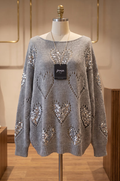 Grey Oversized Slouchy Sweater with Sequin Heart Motifs grey chunky knit yarn sweater - product view 2
