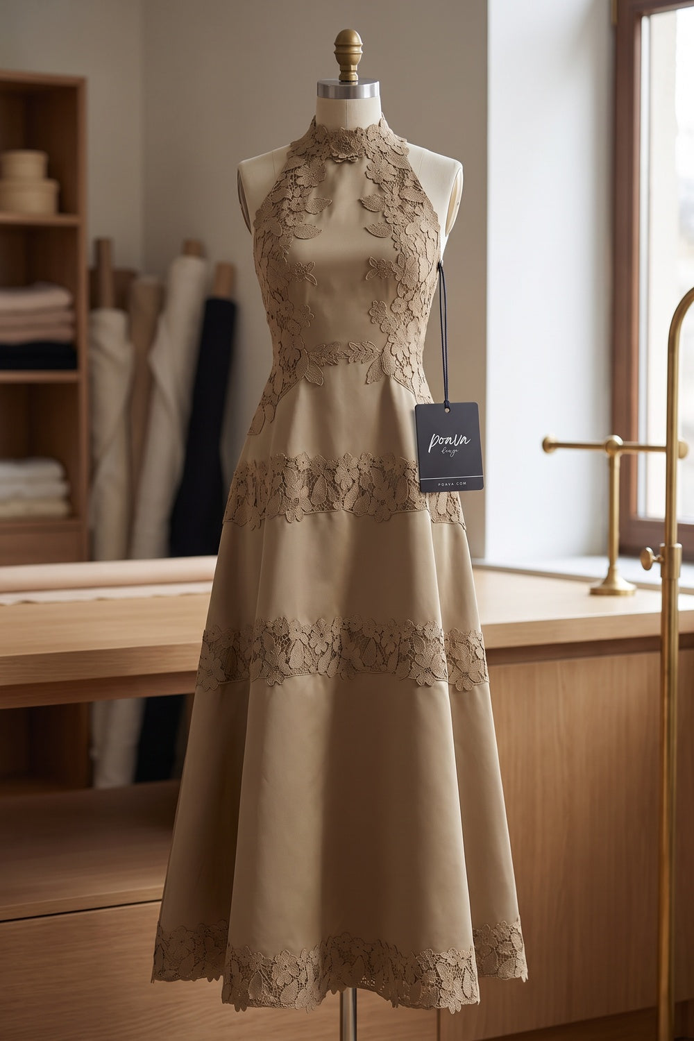 Taupe Structured Satin A-Line Midi Dress with Lace Band Detail taupe structured satin or taffeta dress - product view 2