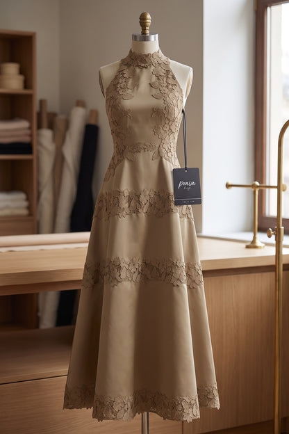 Taupe Structured Satin A-Line Midi Dress with Lace Band Detail taupe structured satin or taffeta dress - product view 2