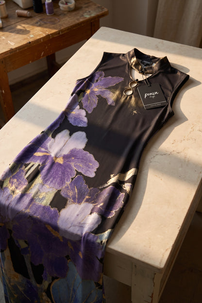 Black Printed Mesh Sheath Maxi Dress with Keyhole Neckline black, purple printed mesh maxi dress - product view 2