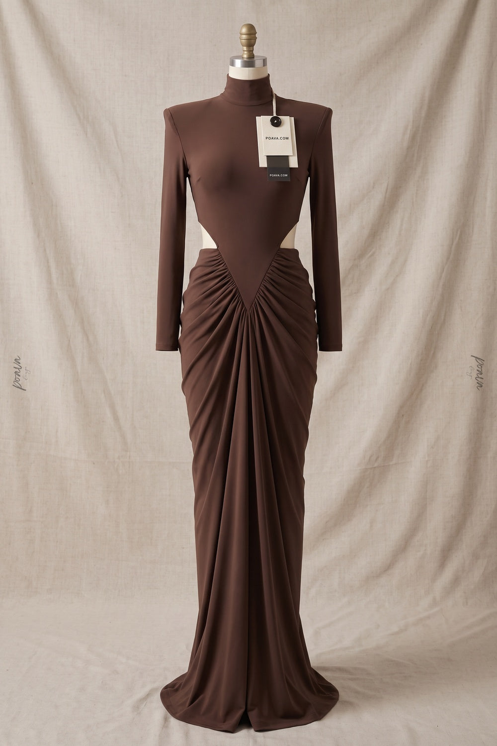 Chocolate Brown Matte Jersey Column Gown with Structured Shoulders chocolate brown matte stretch jersey gown - product view 2