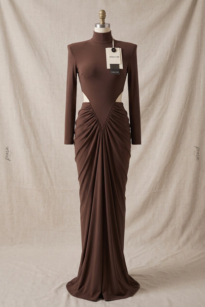 Chocolate Brown Matte Jersey Column Gown with Structured Shoulders chocolate brown matte stretch jersey gown - product view 2