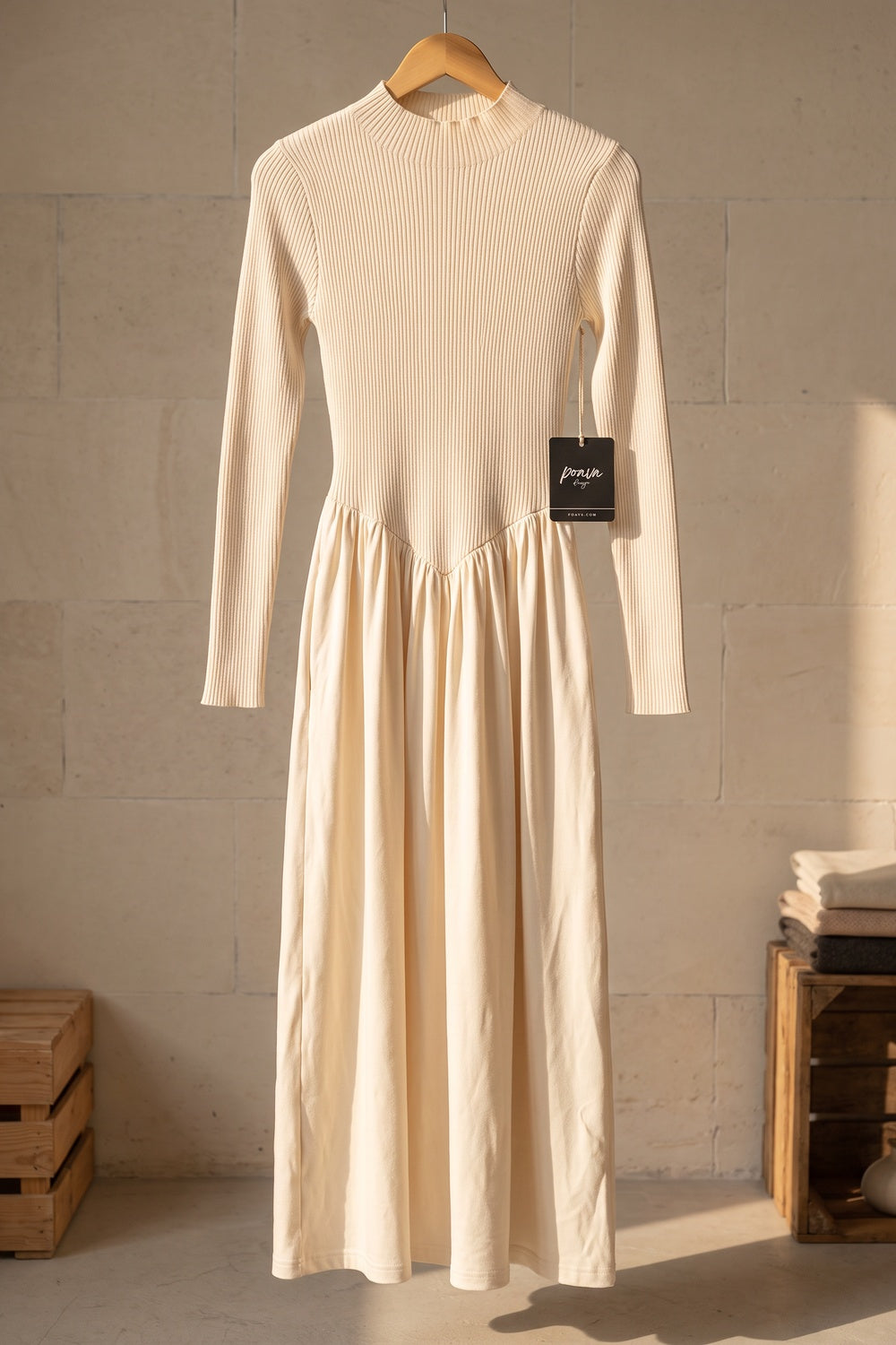 Cream Ribbed Knit Fitted Bodice with Gathered A-Line Skirt Dress cream ribbed knit dress - product view 2