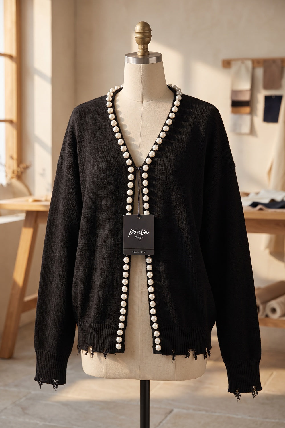 Black Knit Cardigan with Pearl Trim and Frayed Details black knit cardigan - product view 2